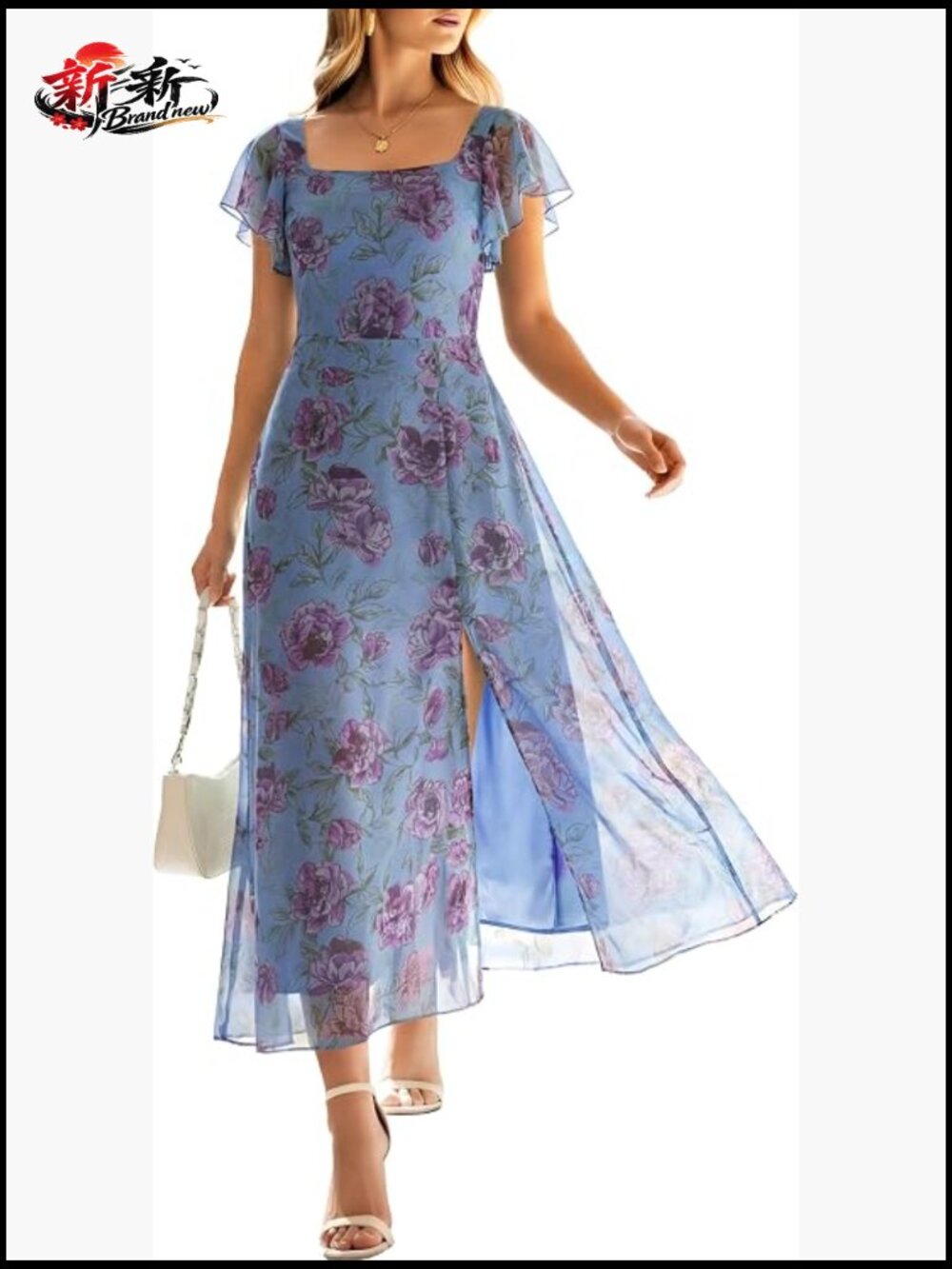 Women's Floral Tulle Midi Dress with Square Neck & Ruffle Sleeves